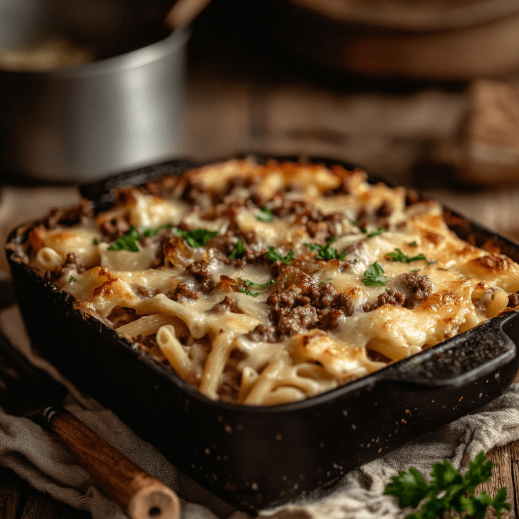 Pâtes Gratinées à l&rsquo;Oignon Caramélisé et Bœuf Haché : Une Recette Réconfortante et Économique&nbsp;!