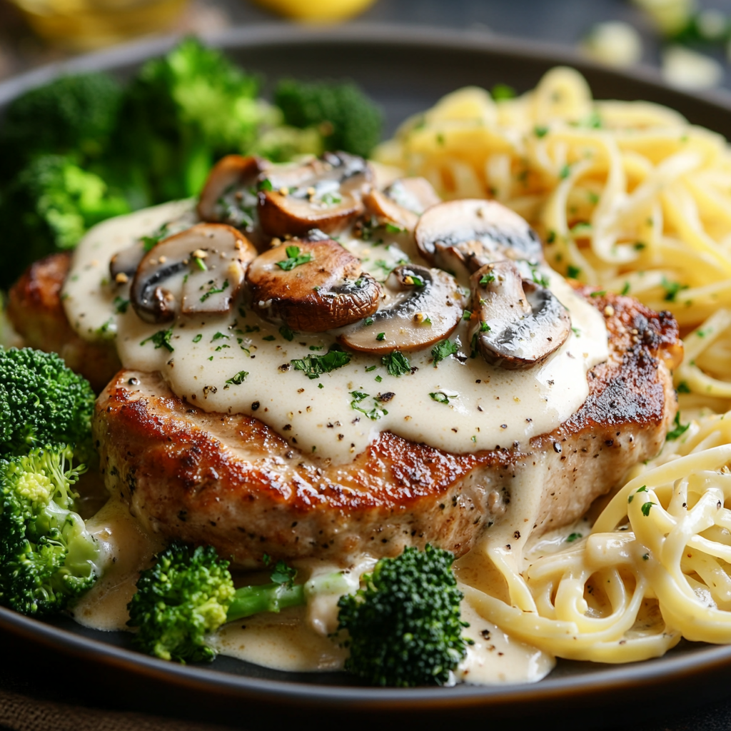 Côtelettes de porc à la sauce Alfredo avec brocoli et champignons : Un repas facile et économique !